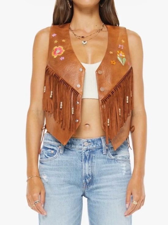 MOTHER Jackets & Blazers - MOTHER: Fringe Embroidered Faux Leather Vest - Brown